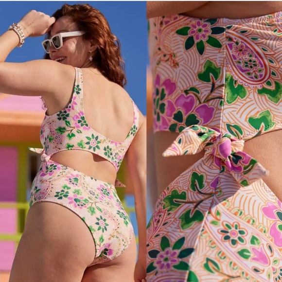 Aerie Floral Tie Cut Out One Piece Swimsuit size Small - Picture 3 of 6